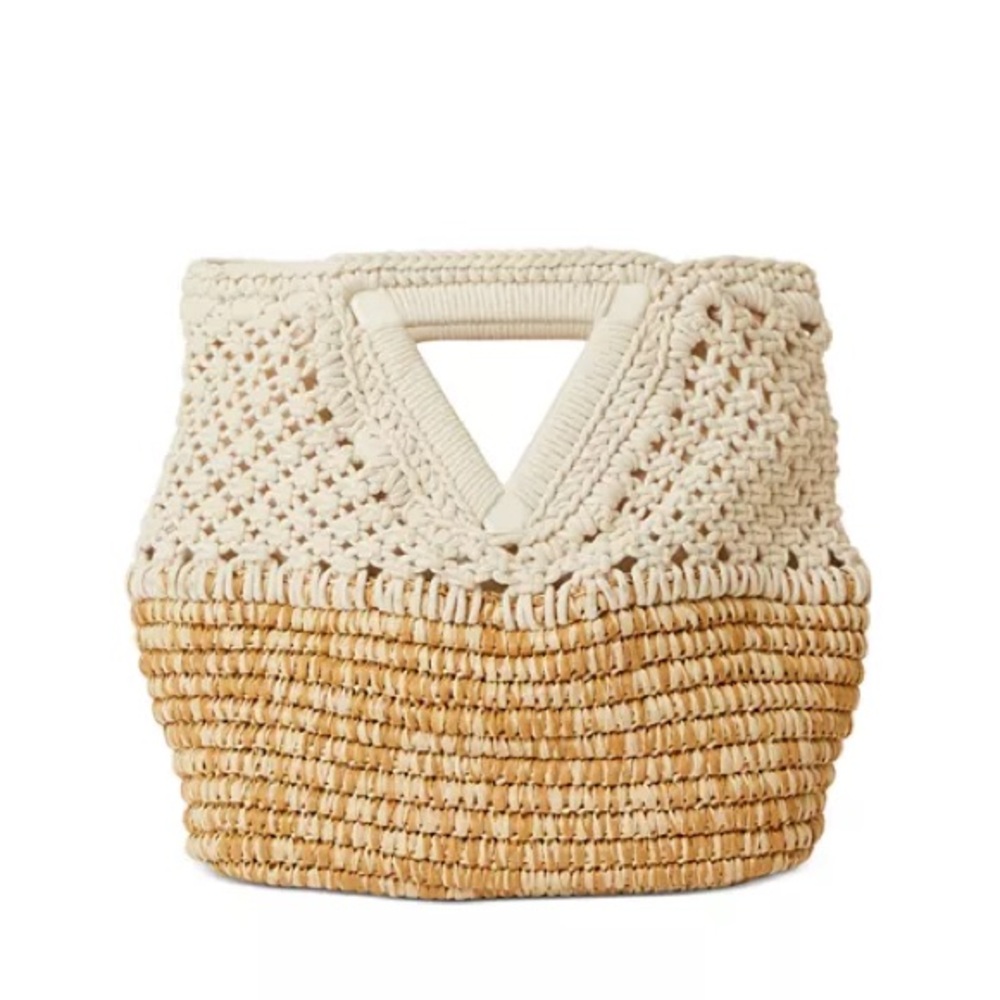 Handwoven Cream and Natural Straw Clutch with Macramé Top